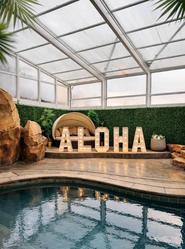 Decorative 'Aloha' letters by a pool 
