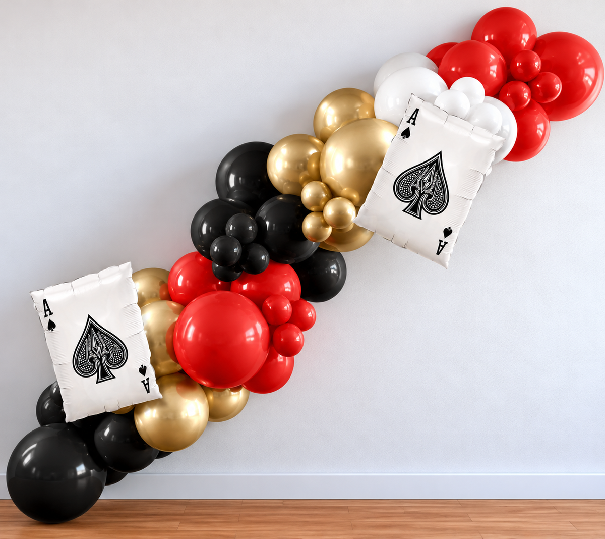 Lucky in Love balloon garland hung on a wall