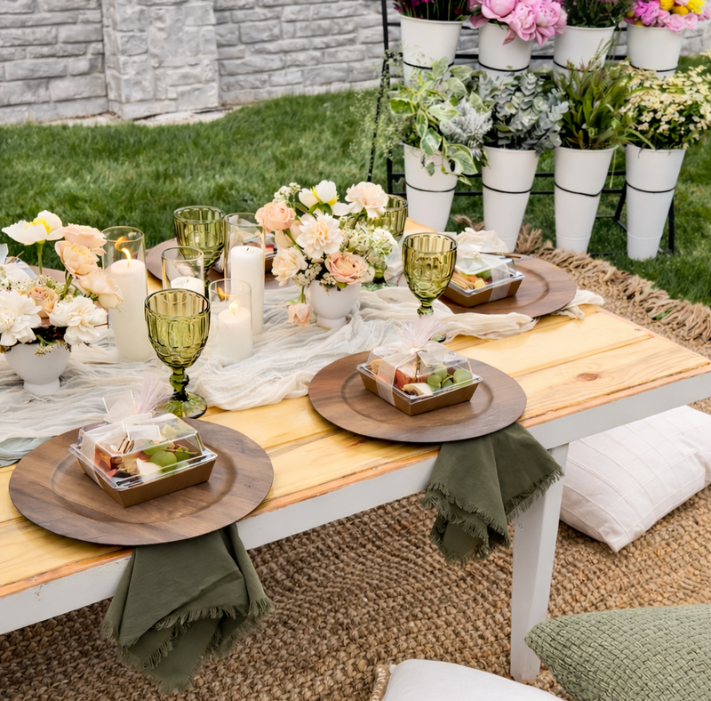 Outdoor table greenery candle decor