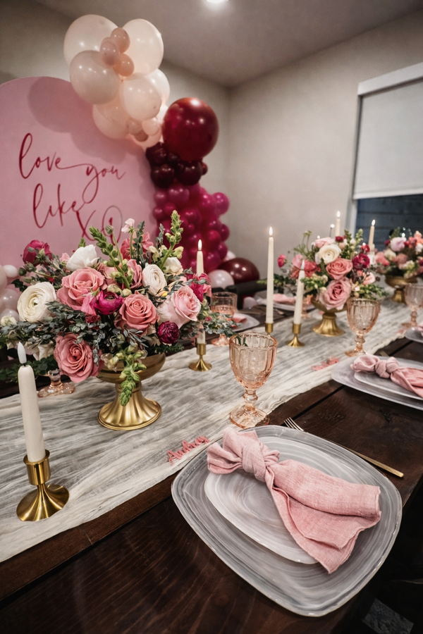 Decorated celebration table with balloons