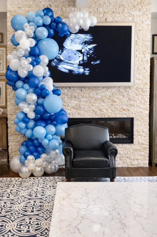 Blue white balloon event arch