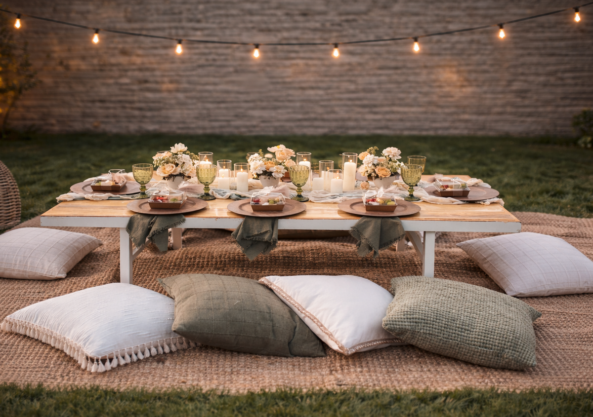Outdoor table with cushions and lights