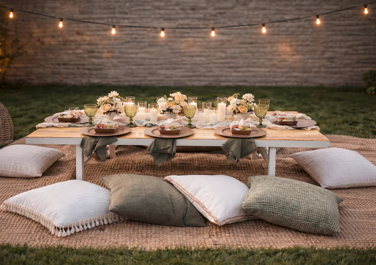 Outdoor setting with a wooden table, decorative pillows, and string lights against a rustic wall.