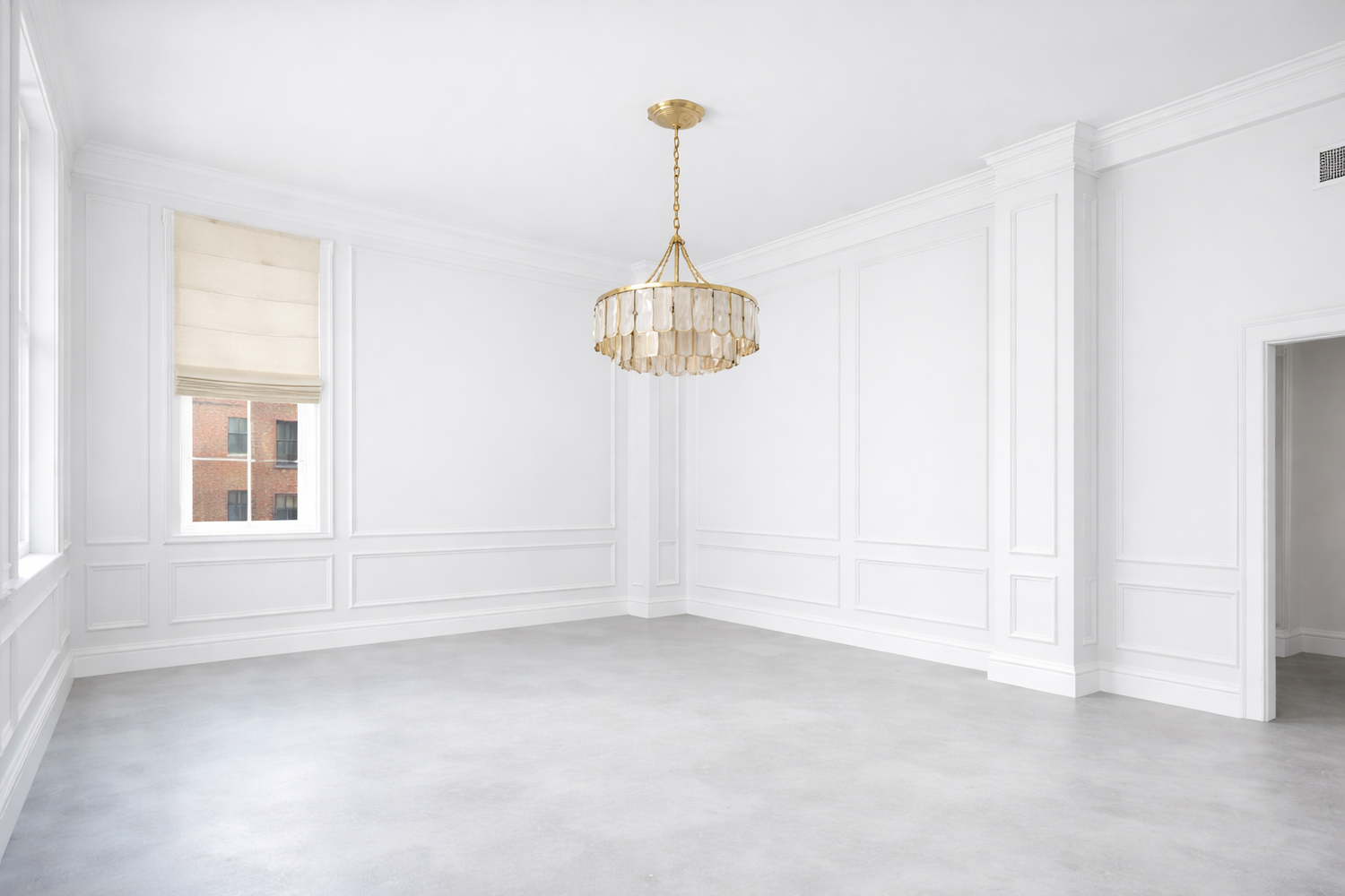 White room gray floor chandelier
